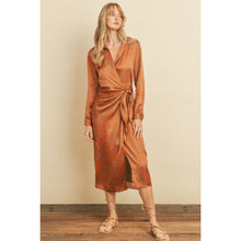 Load image into Gallery viewer, Camel/Rust Satin Wrap Dress
