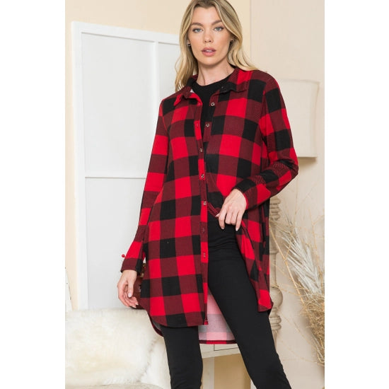 Red and Black Button Down  Plaid Top