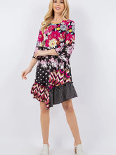 Load image into Gallery viewer, Fuchsia and Black Floral Contrast Midi Tunic/Dress With Pockets ( S-3XL)
