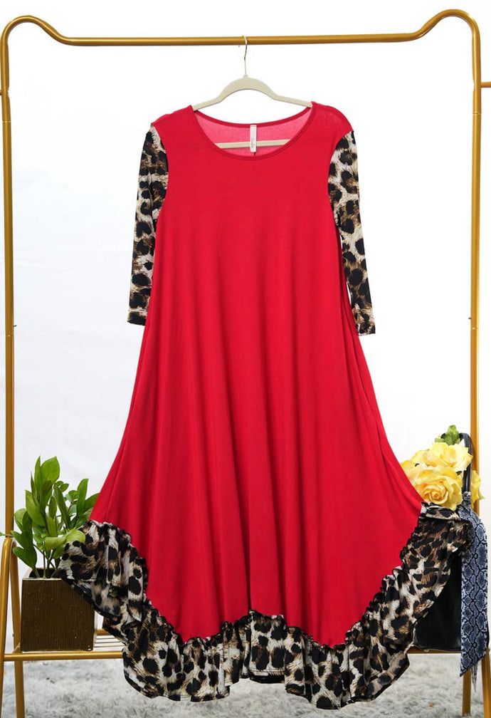 Esther Red Dress w/Leopard Print. (S-3X) FB Live