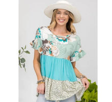 Load image into Gallery viewer, TENLEY Mint Floral Leopard Colorblock Top (S-3X)

