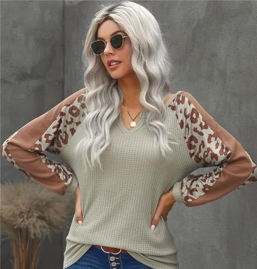 Mocha Leopard Waffle Knit Top with 3/4 Sleeves