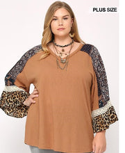 Load image into Gallery viewer, Sale! Camel Mix Animal Print and Knit Mixed Bell Sleeves Top
