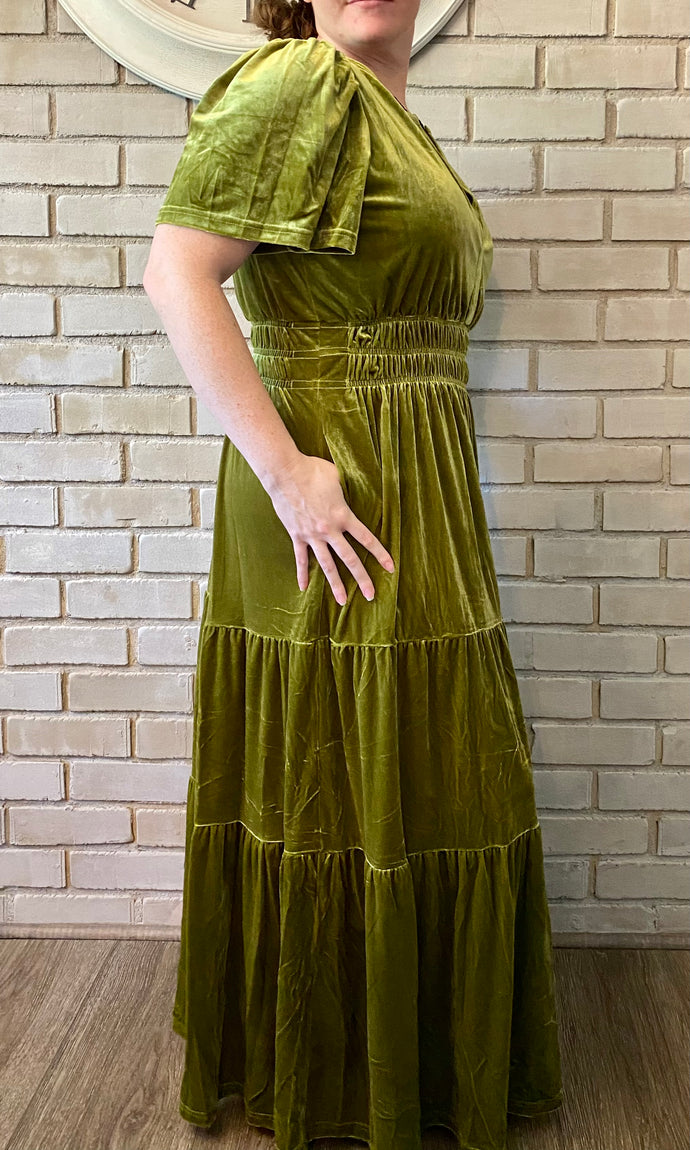 Moss Green Velvet Tiered Dress w/Pockets