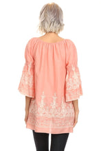 Load image into Gallery viewer, Peach Embroidered Peasant Top with Smocked Sleeves FB Live
