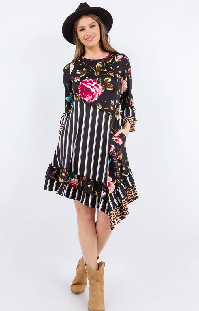 Mixed Print Tunic/Dress with Stripes ( S-3X)
