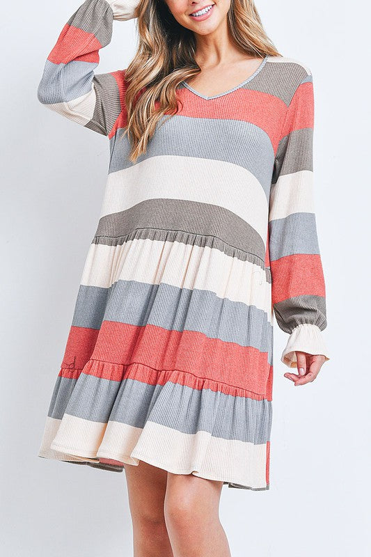 Sale! Multi Stripe Long Sleeve Ruffle Shirring Dress/Tunic
