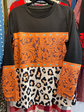 Load image into Gallery viewer, Sale! Black ,Orange Plaid Tribal Print  Long Sleeve Top ( Large Only)
