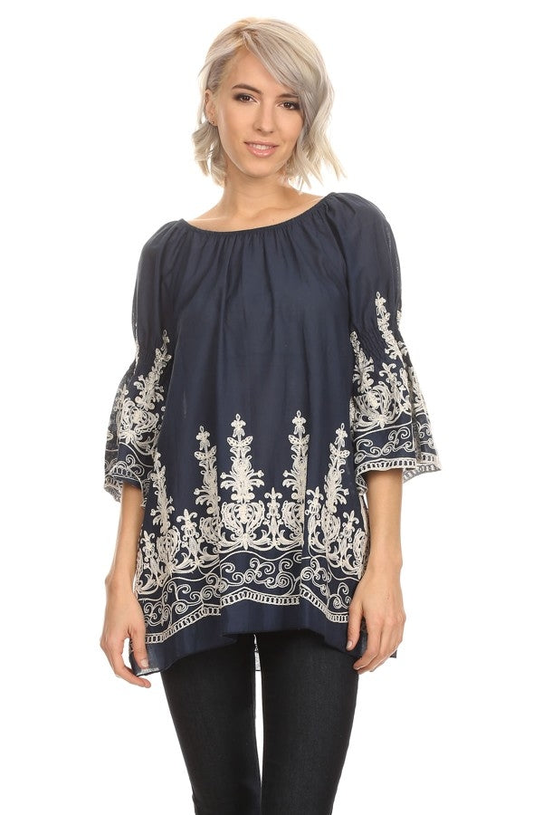 Sale!  Claire Black Embroidered Peasant Top with Smocked Sleeves