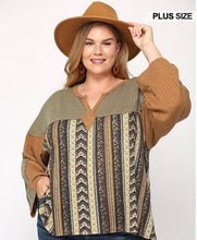 Load image into Gallery viewer, Sale! Olive Print and Ribbed Knit Mixed Top (fits small to 3-4XL)
