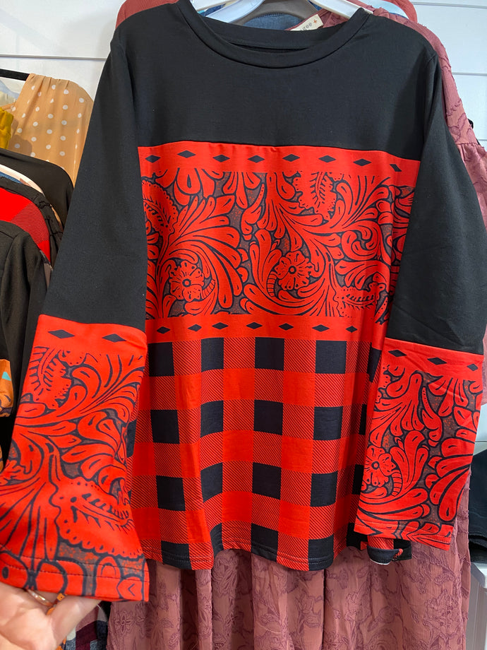 Black and Red Plaid Tribal Print Long Sleeve Top