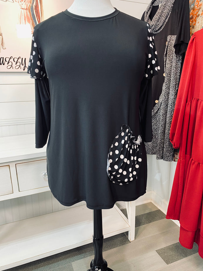 Custom Black Top with Polka Dot  Sleeves and Slouch Pocket (M-3X)