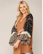 Load image into Gallery viewer, Sale! Camel Mix Animal Print and Knit Mixed Bell Sleeves Top
