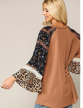 Load image into Gallery viewer, Sale! Camel Mix Animal Print and Knit Mixed Bell Sleeves Top
