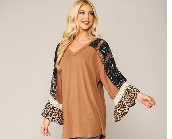 Sale! Camel Mix Animal Print and Knit Mixed Bell Sleeves Top