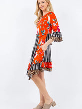 Load image into Gallery viewer, Orange Floral Black Striped Leopard Asymmetrical Midi Tunic/Dress  (S-3X)
