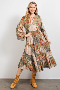 OLGA Olive Green Bell Sleeve Patch Printed Dress FB Live