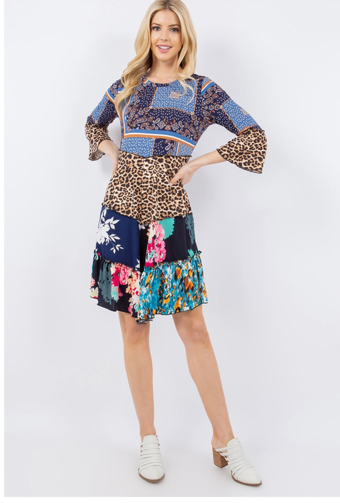 Blue Mixed Print w/Leopard  Asymmetrical  Midi Dress -
