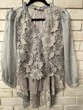 Load image into Gallery viewer, Kelly Vintage Gray Silk  Lacy Blouse FB Live
