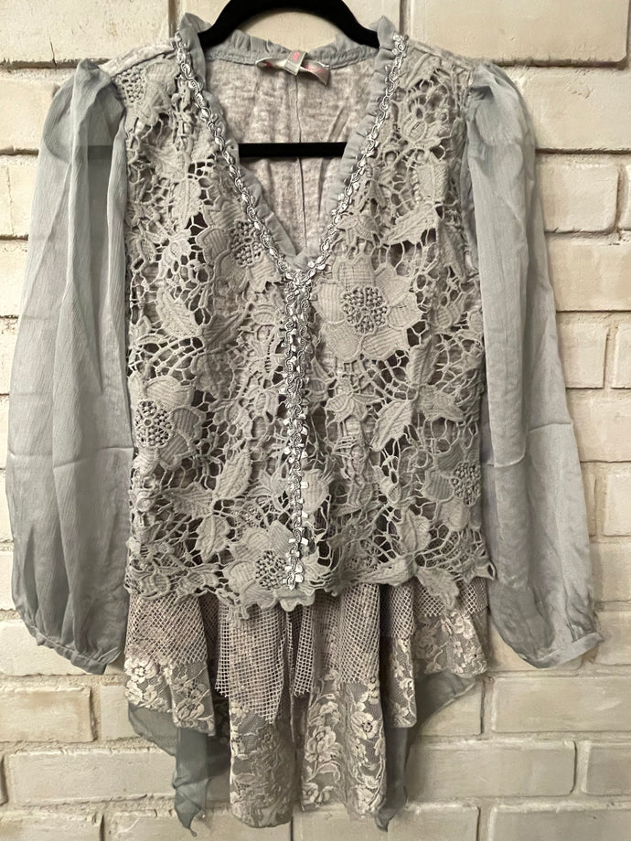 Kelly Vintage Gray Silk  Lacy Blouse FB Live
