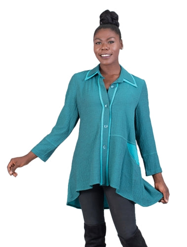 Teal  Contrasted Trim High Low Jacket.