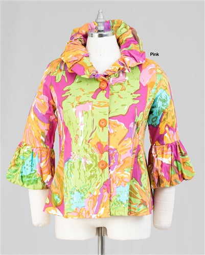 BETTY Pink Printed Jacket  with Bell Sleeves and Ruffled Neck FB Live