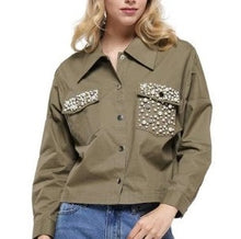 Load image into Gallery viewer, Olive Pearl Embellished Crop Jacket
