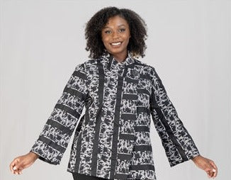 Black Print Jacket w/ Mandarin Collar and Button  Front (fits up to a 48