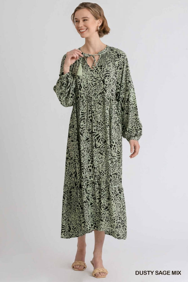 MELINDA  Dusty Sage Animal Print Maxi Dress  (Med. Last one )