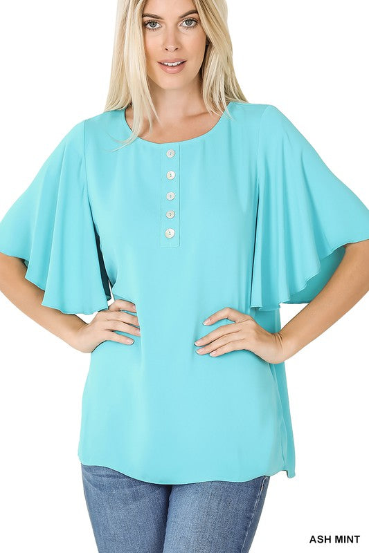 Renee Waterfall  Sleeve Button Top  ( 5 Colors) S- XL