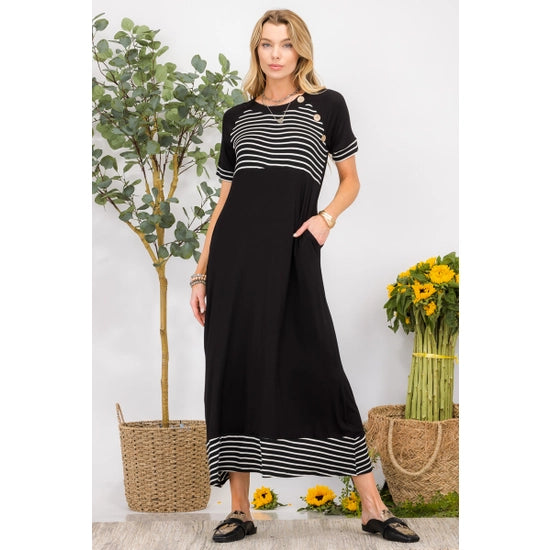 Piper Black and White Maxi Dress with 3 Buttons (S-3X)