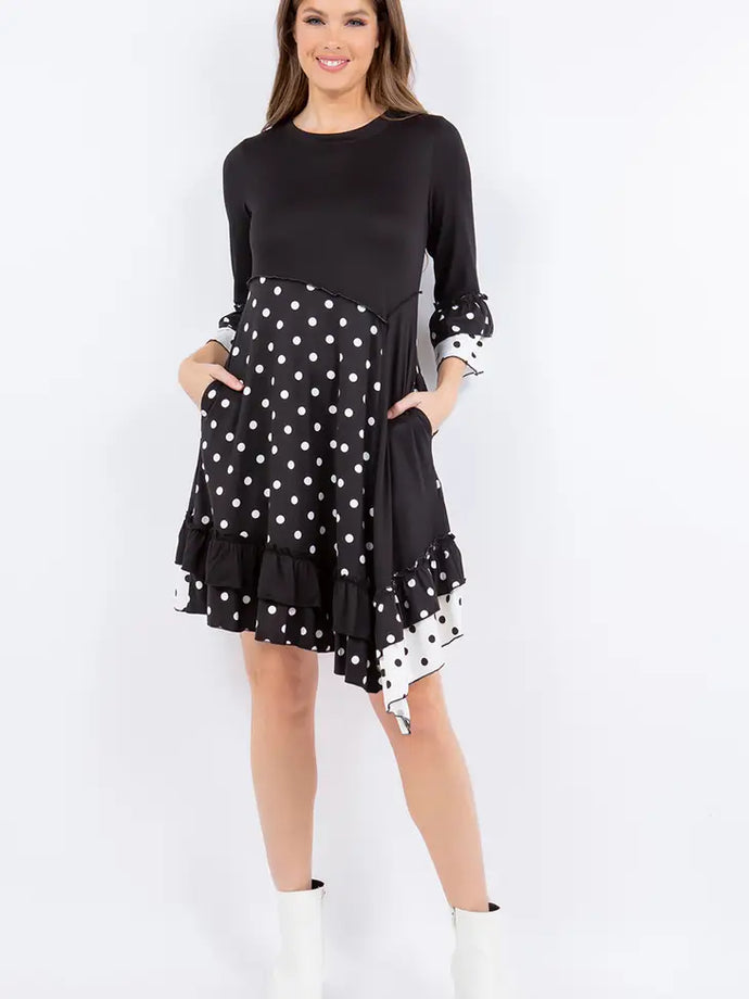 Black Polka Dot Asymmetrical Dress/Tunic With Pockets ( S-3XL)