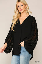 Load image into Gallery viewer, Sale! Black Chiffon Top with Pom Pom Sleeves
