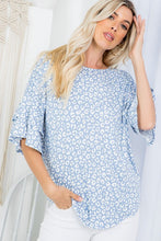 Load image into Gallery viewer, Powder Blue Double Ruffled White Leopard Top (S-3X)
