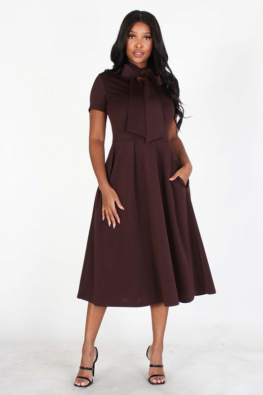 Brown Dress with Necktie and Side Pockets