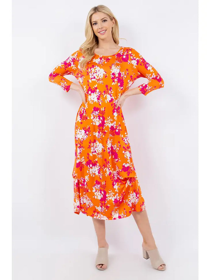 Isabella Orange & Fuchsia Floral Printed Layered Bottom Dress ( S- 3XL)