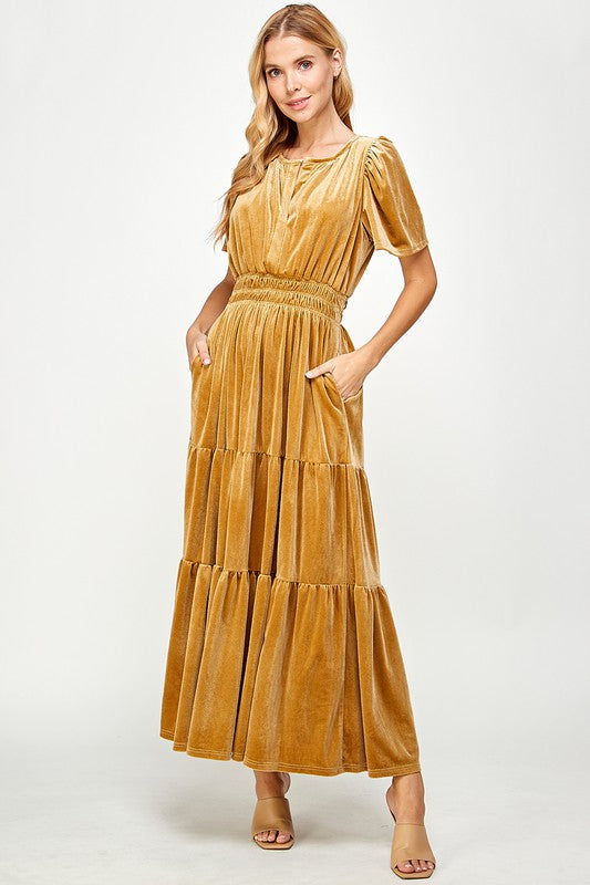 Gold Velvet Ruffled Dress w/Pockets