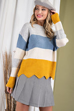 Load image into Gallery viewer, Sale! Adorable Blue, Gray and Mustard Sweater with Scalloped Hem!
