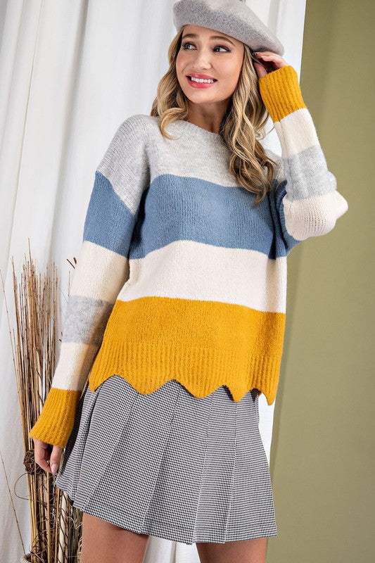 Sale! Adorable Blue, Gray and Mustard Sweater with Scalloped Hem!