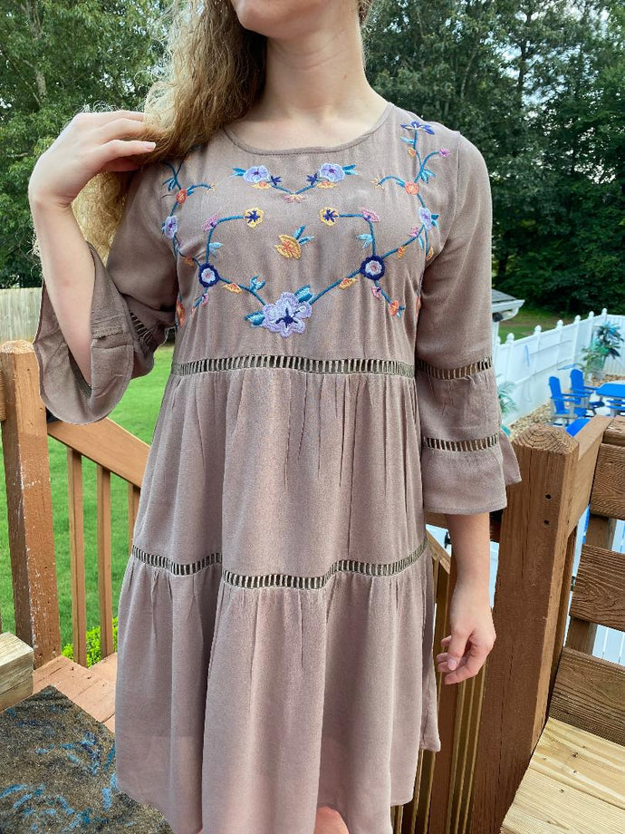 Sale! Taupe Gray Embroidered/Crocheted Tunic/Dress