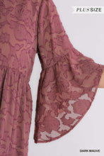 Load image into Gallery viewer, Sale! MARY  Dark Mauve Floral Burnout Dress/Tunic w/ Bell Sleeves (S-2XL)
